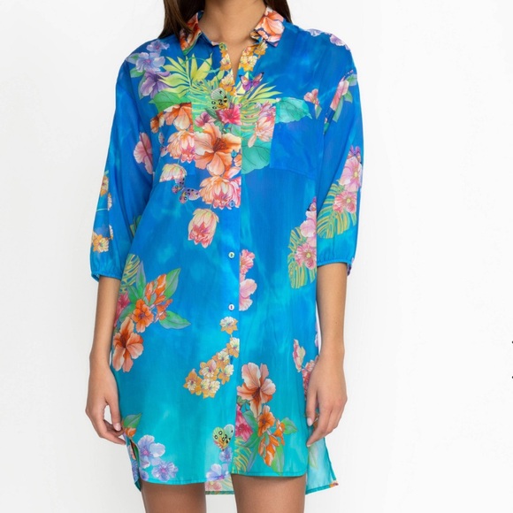 Johnny Was Water Tropic shirt Dress Medium M Coverup Top Tunic Blue Floral Shirt - Picture 1 of 5
